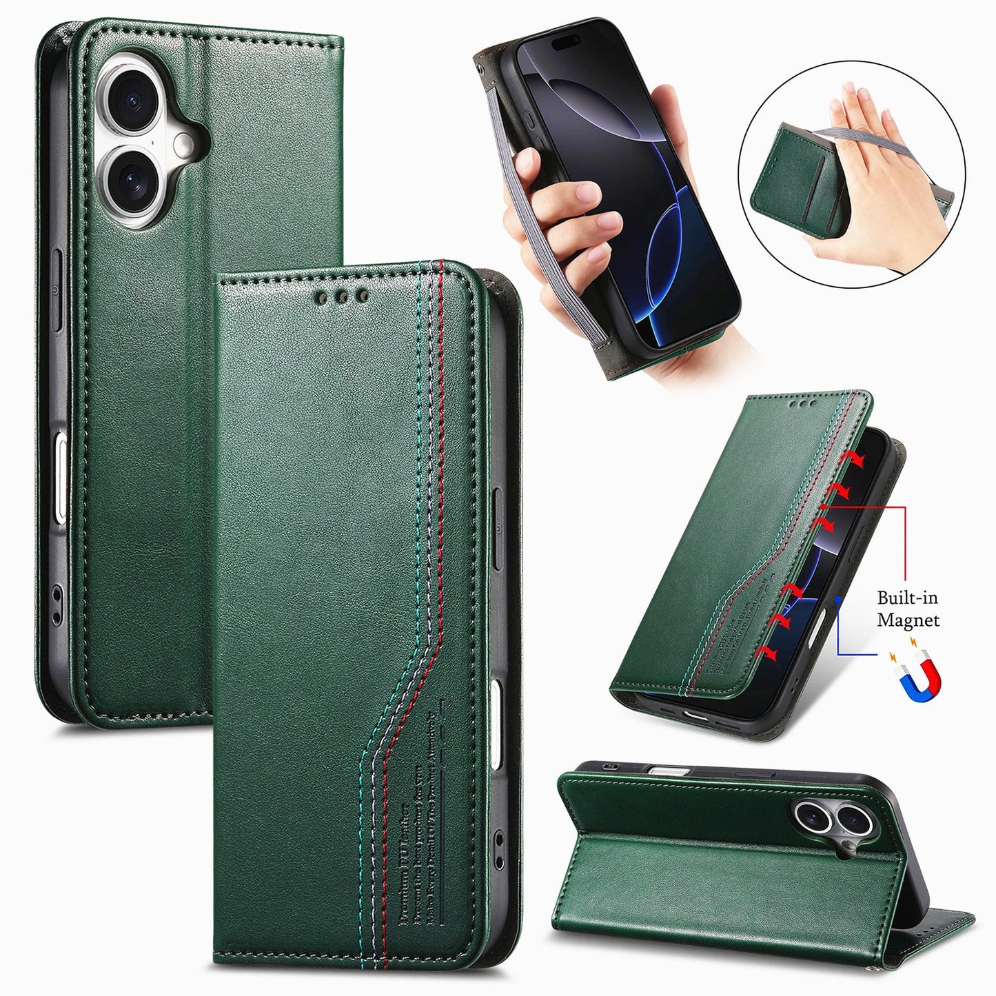 Elastic Band Premium Leather Flip Case for iPhone 16 Plus