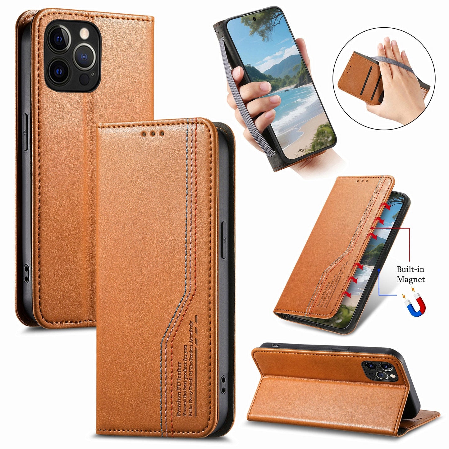 Elastic Band Premium Leather Flip Case for iPhone 14 Pro