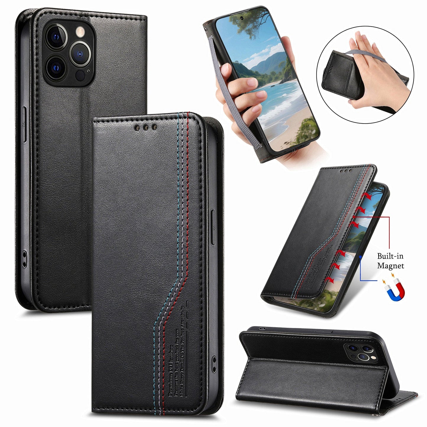 Elastic Band Premium Leather Flip Case for iPhone 13 Pro