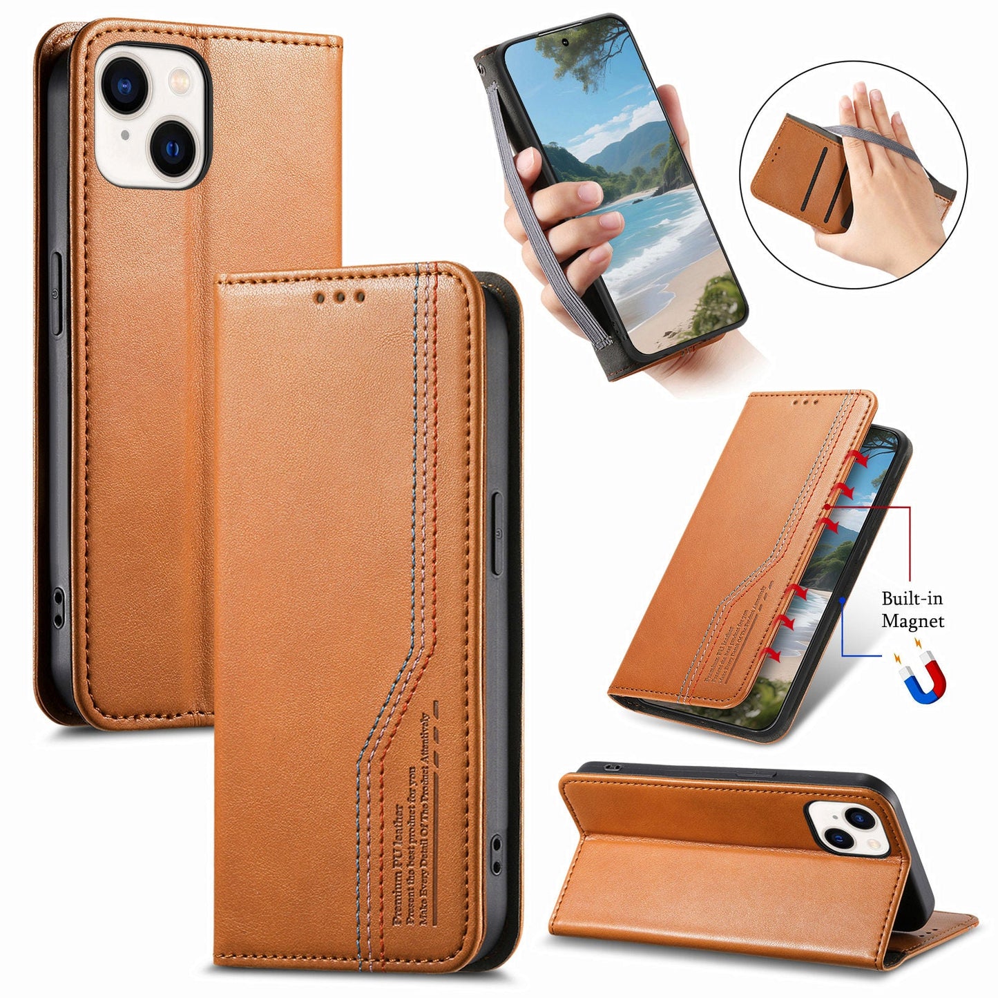 Elastic Band Premium Leather Flip Case for iPhone 15