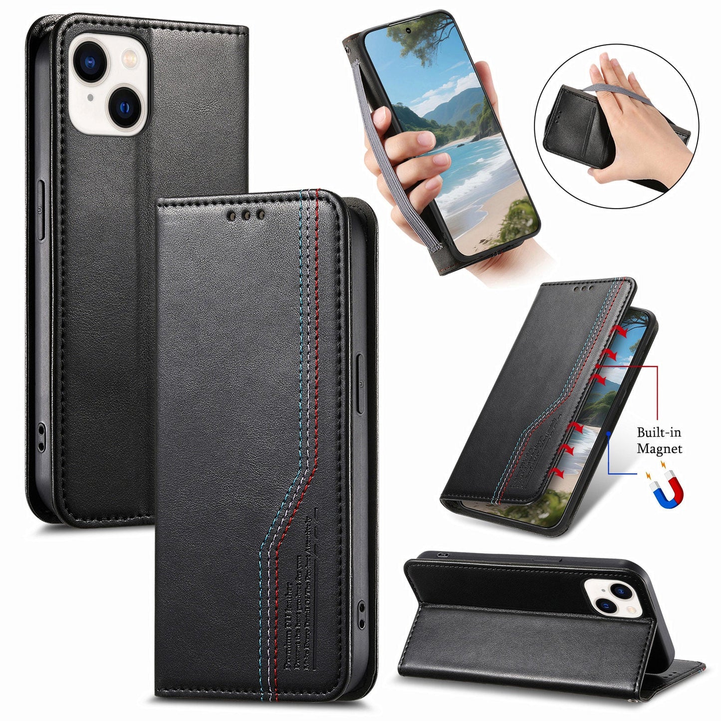 Elastic Band Premium Leather Flip Case for iPhone 14