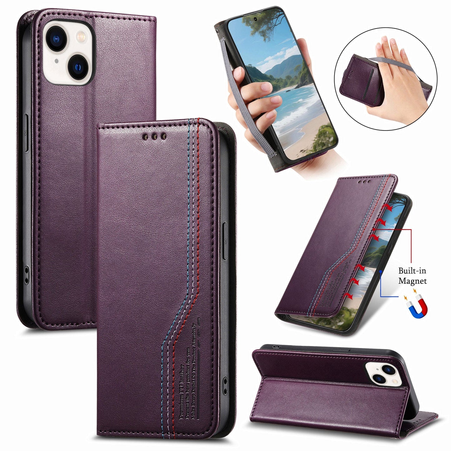 Elastic Band Premium Leather Flip Case for iPhone 15