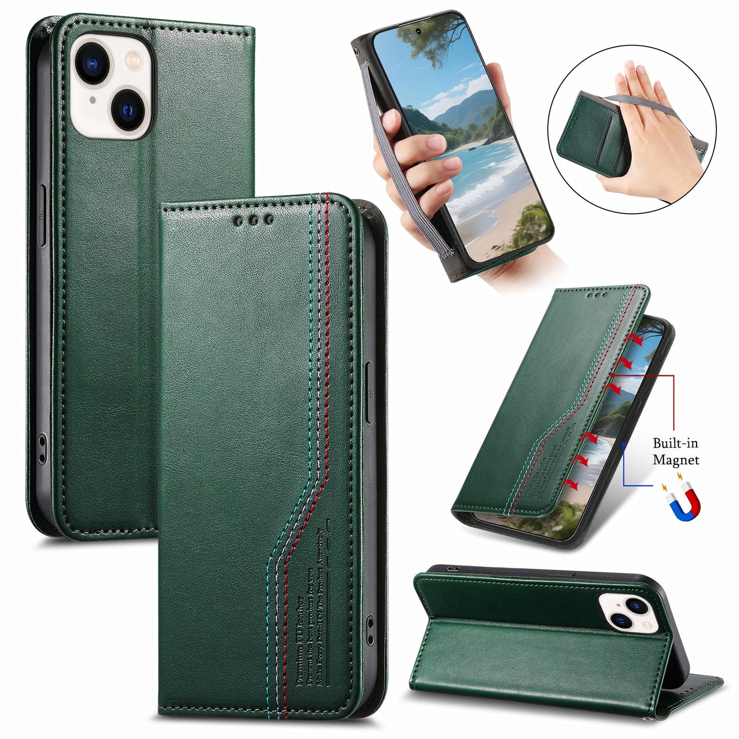 Elastic Band Premium Leather Flip Case for iPhone 14
