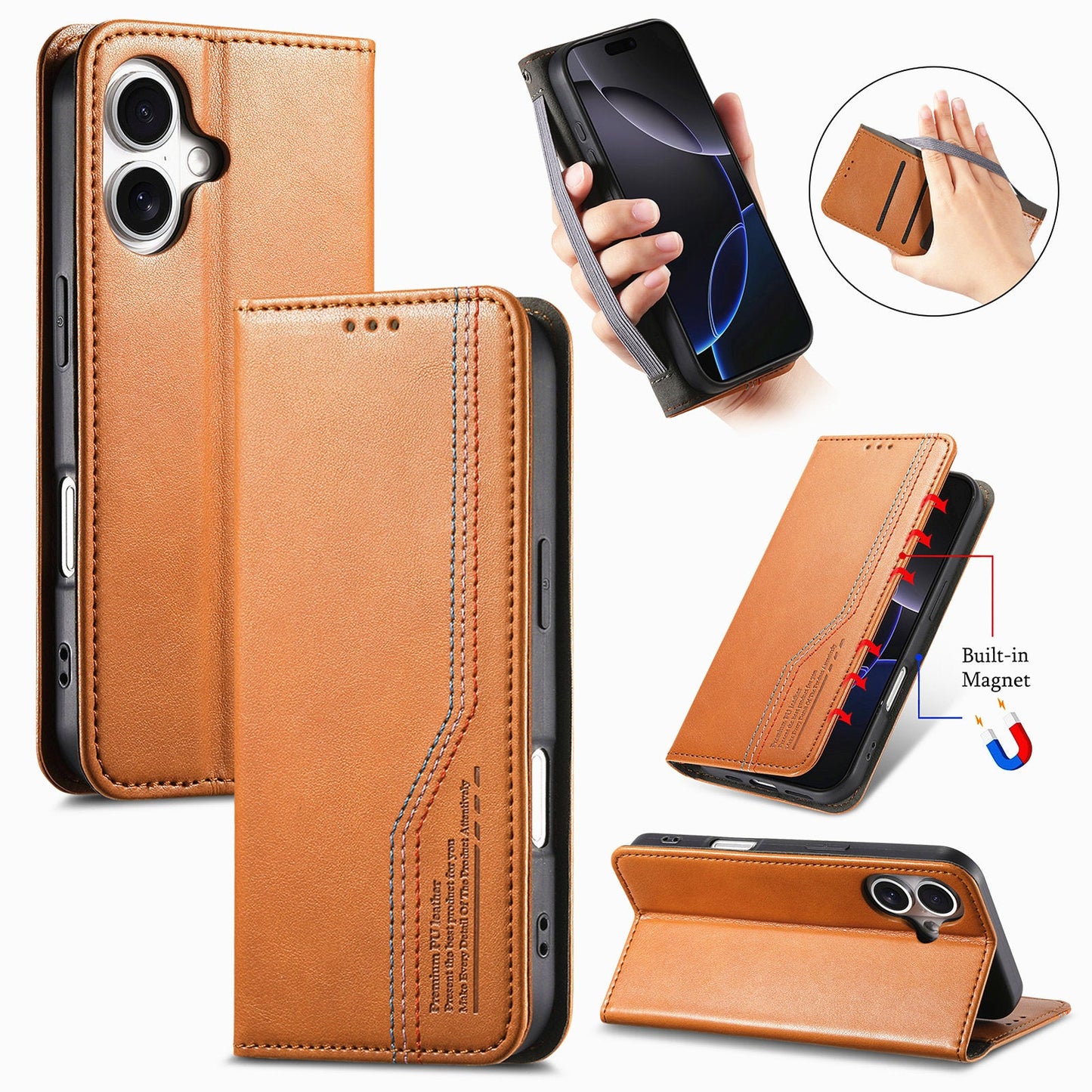 Elastic Band Premium Leather Flip Case for iPhone 16 Plus