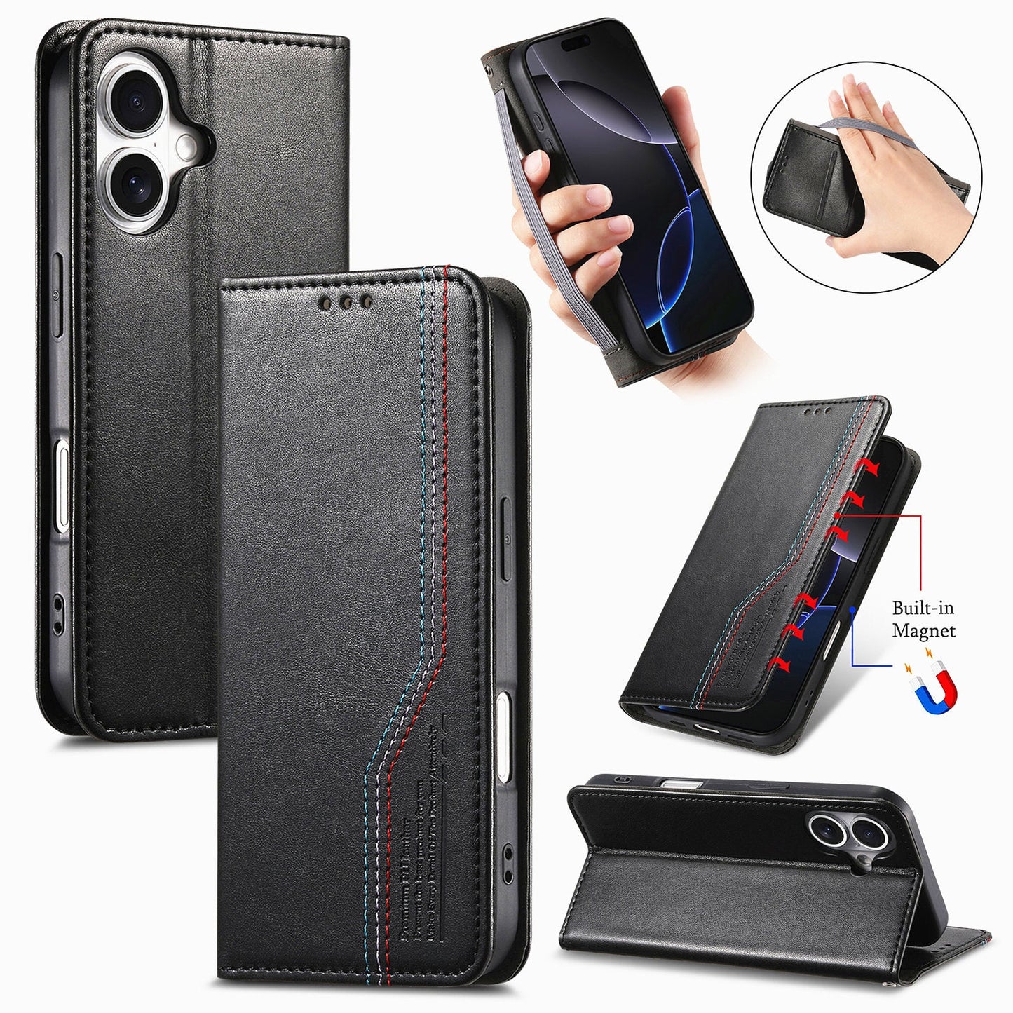Elastic Band Premium Leather Flip Case for iPhone 16 Plus