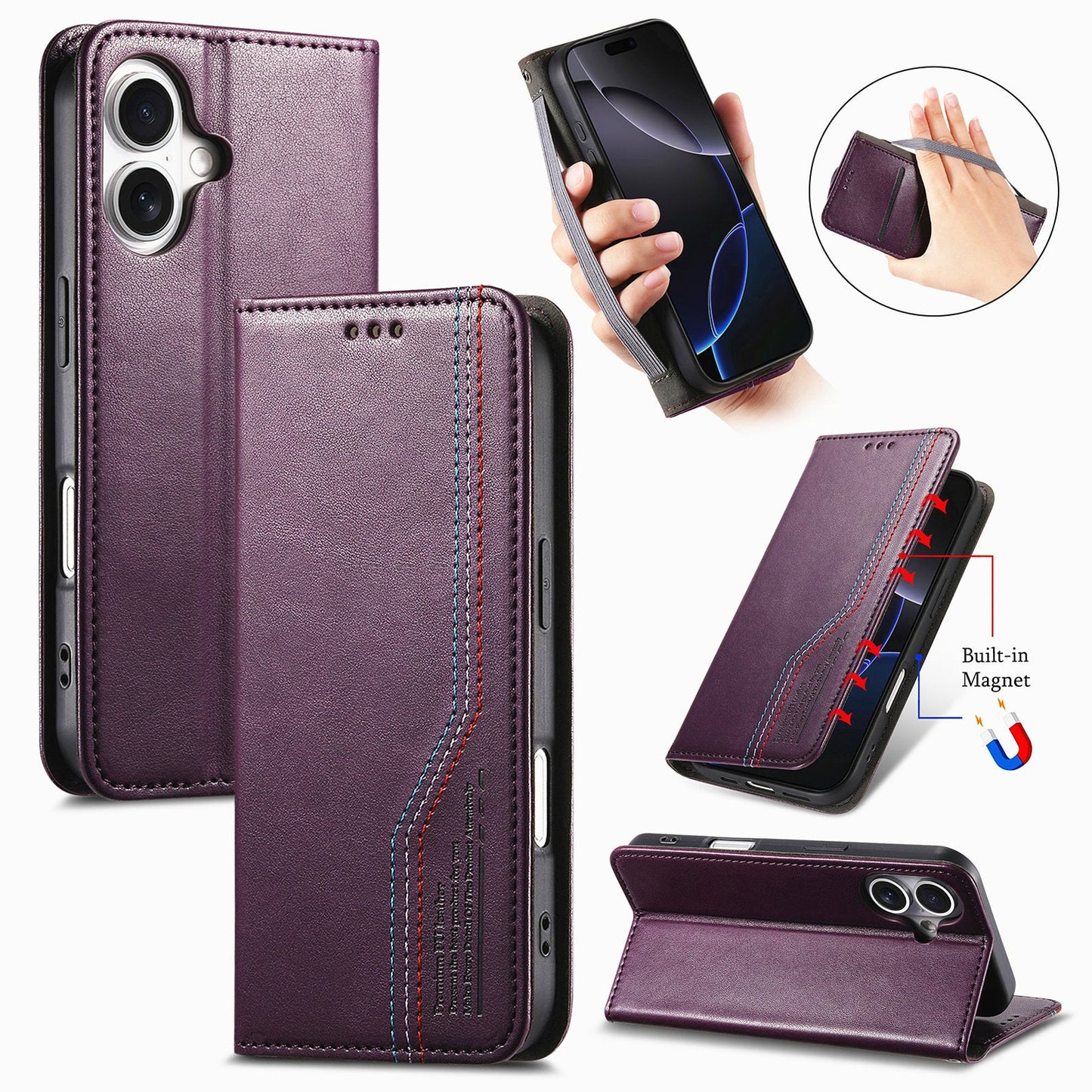Elastic Band Premium Leather Flip Case for iPhone 16 Plus