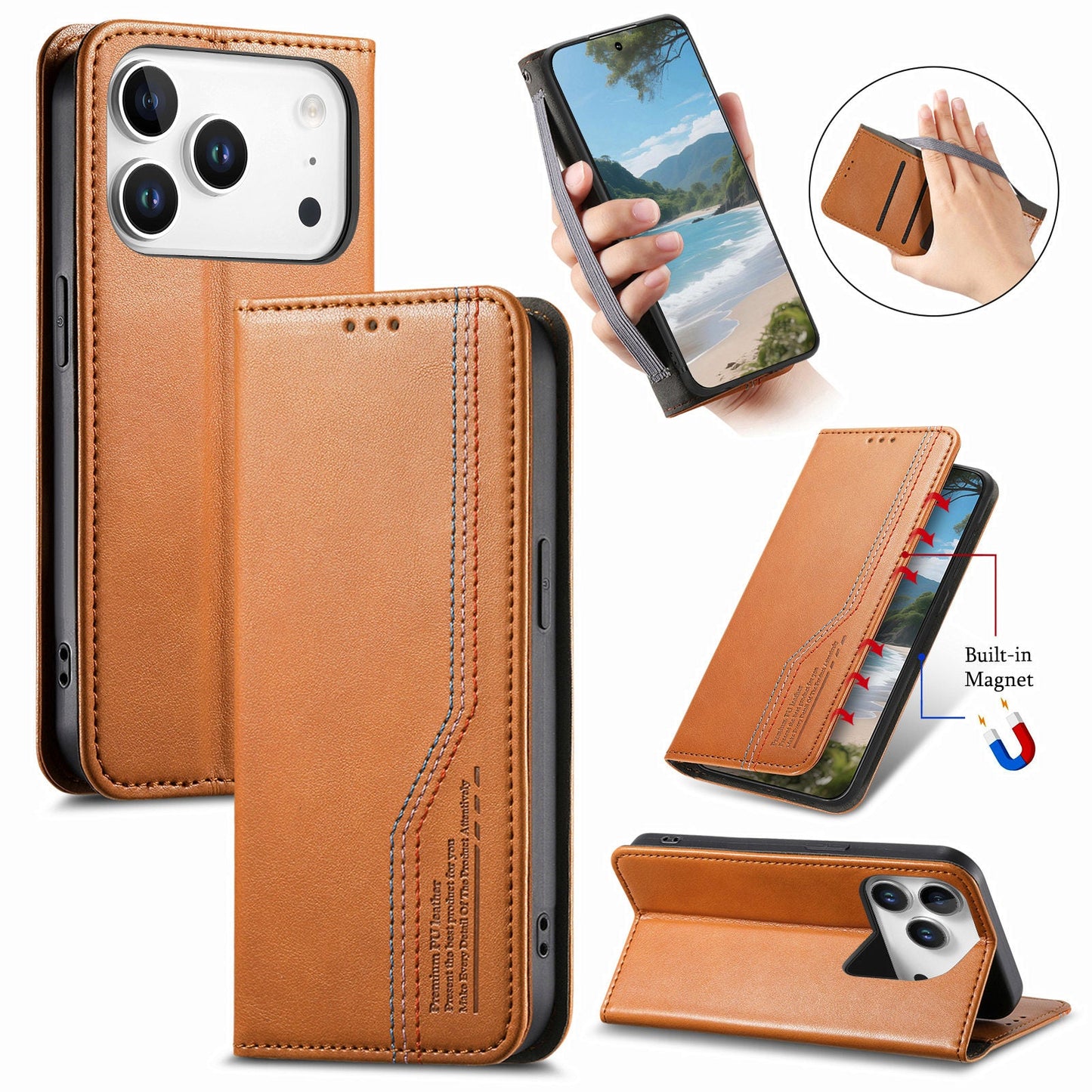 Elastic Band Premium Leather Flip Case for iPhone 17 Pro Max