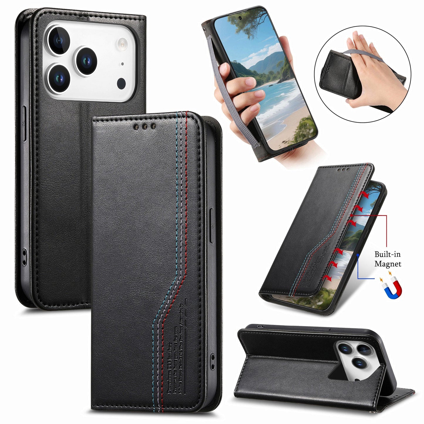 Elastic Band Premium Leather Flip Case for iPhone 17 Pro