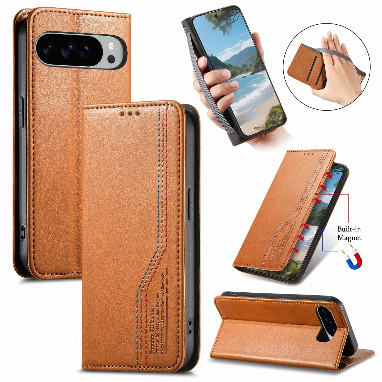 Elastic Band Premium Leather Flip Case for Pixel 9