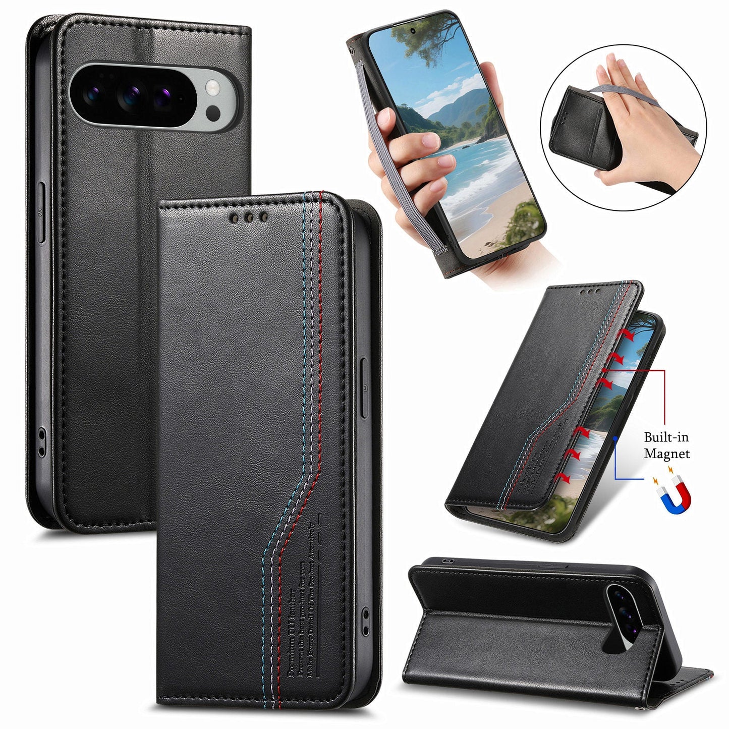 Elastic Band Premium Leather Flip Case for Pixel 9 Pro