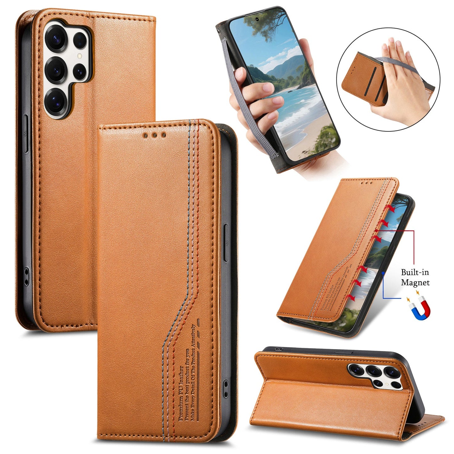 Elastic Band Premium Leather Flip Case for Samsung Galaxy S22 Ultra