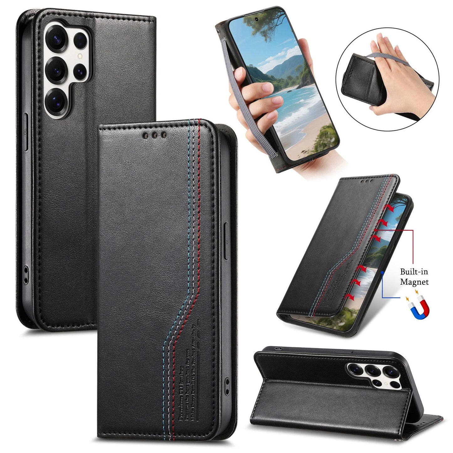 Elastic Band Premium Leather Flip Case for Samsung Galaxy S22 Ultra